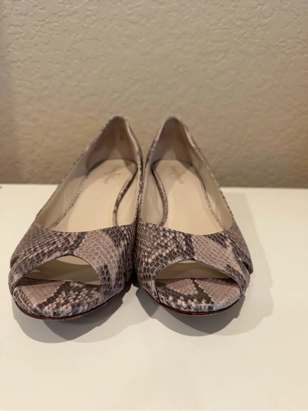 Cole Haan Snake-Print Peep Toe Wedges in Gray and Cream Tones